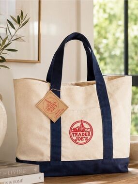 Trader Joe's Natural Canvas Tote with Navy Handles